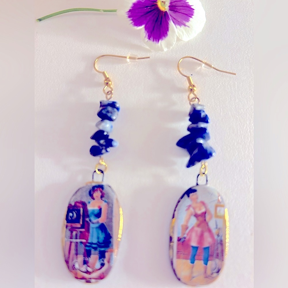 Earrings NWOT Artisan Naughty Victorian Ladies Ceramic Sodalite stone 3” pierced - Picture 9 of 11